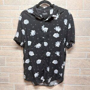 Denim & Flower Black Floral Short Sleeve Collared Button up Shirt | Size Large